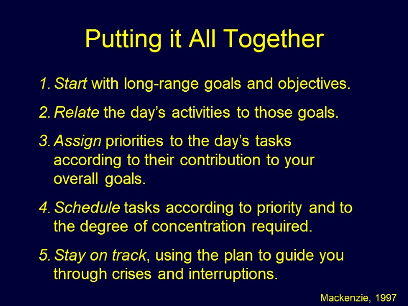 Putting it All Together   Mackenzie, 1997 Start with long-range goals and objectives.